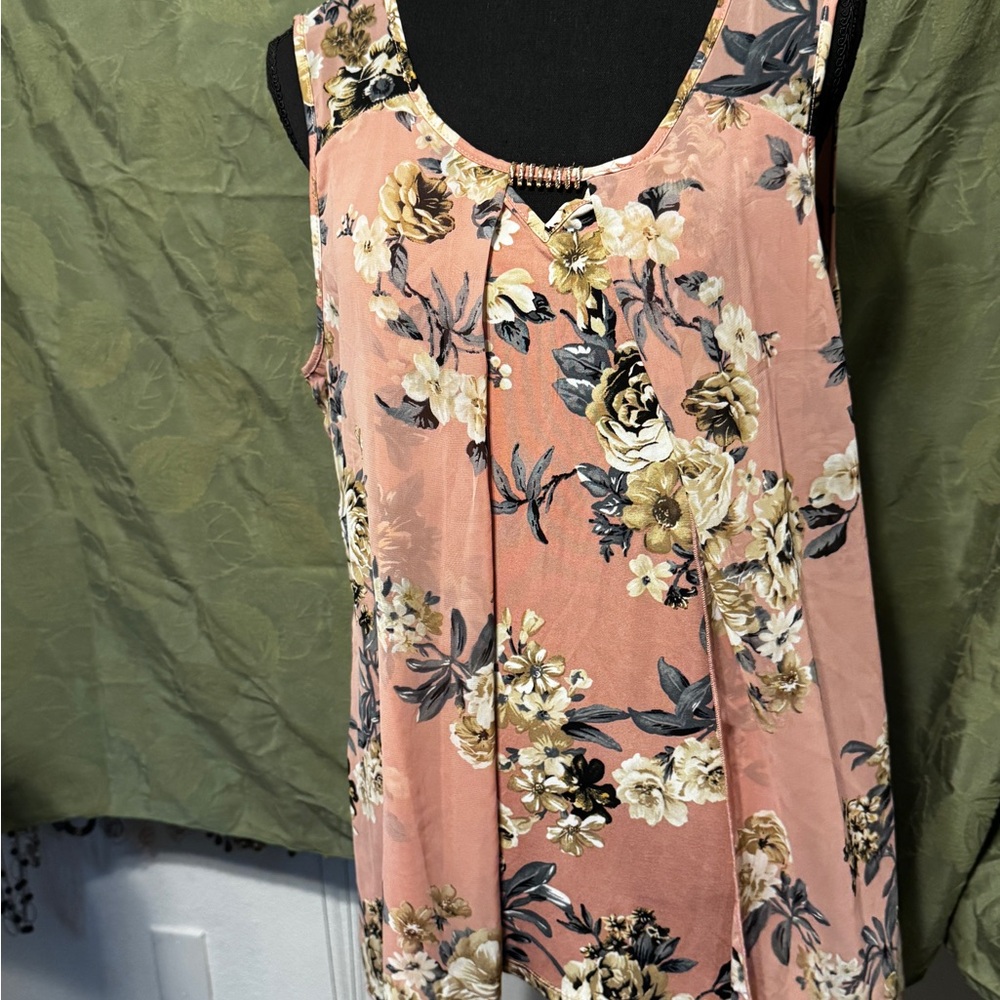 Adele & May Pink & Cream Floral Tank Top with Gold Accent Sz XL NWT